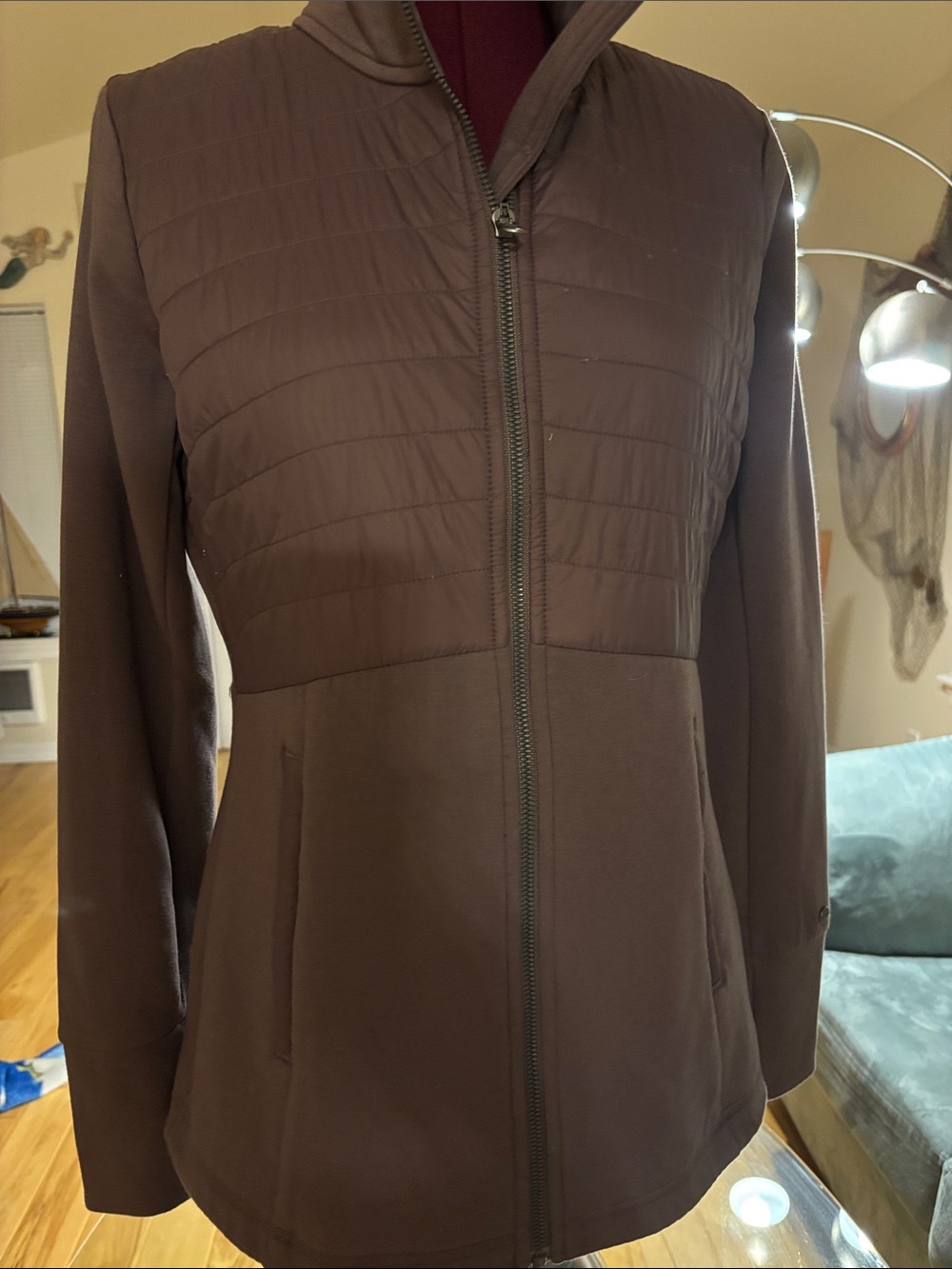 CALIA by Carrie Underwood Quilted Front Brown Zip Jacket with Hood